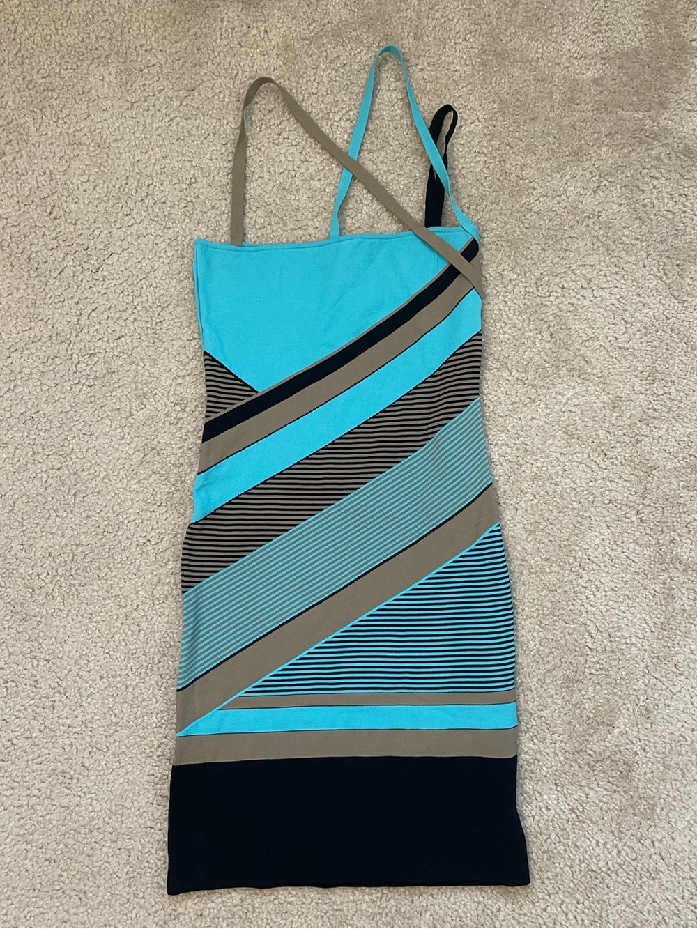Versace Turquoise, Tan & Black One-Shoulder Striped Dress